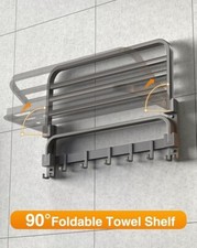 2-Tier Wall Mounted Towel Rack Gray Steel Bathroom Storage Shelf w/ Hooks