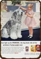 Letrero de metal réplica decorativa comida para perros friskies perro pastor inglés antiguo 1958