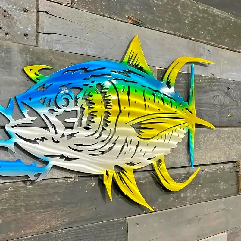 Escultura de pared de metal para decoración de pared de atún deportivo peces aleta amarilla atún Foto 2 de 4