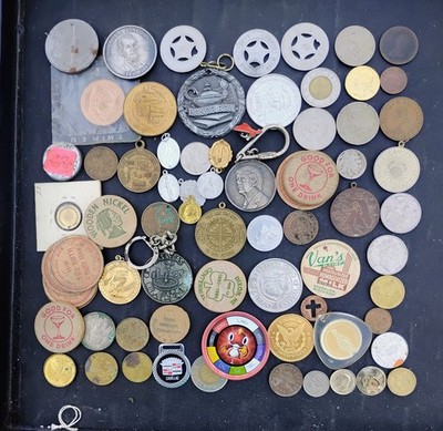 junk drawer lot tokens coins relig. pins key chain lot1 over 60 pieces
