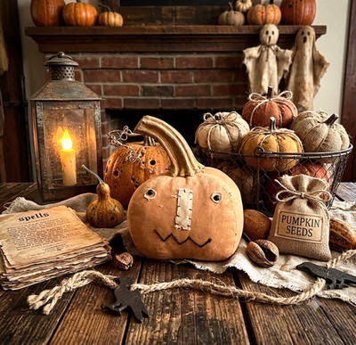 Handmade 7'' Primitive Jack-o-Lantern Pumpkin w/Real Stem Fall Halloween Decor