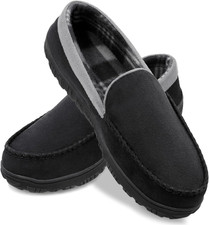 Mens Slippers Microsuede Moccasin Memory Foam House Shoes 10 Black Grey