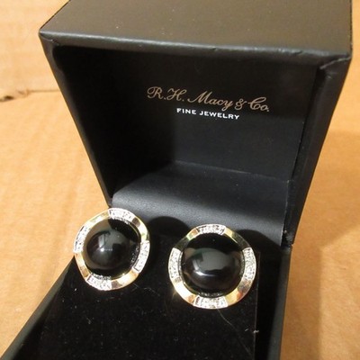 Vintage Macys feine 14k Gold Onyx Cabochon Diamant französische Clip Ohrstecker Box 6,5g