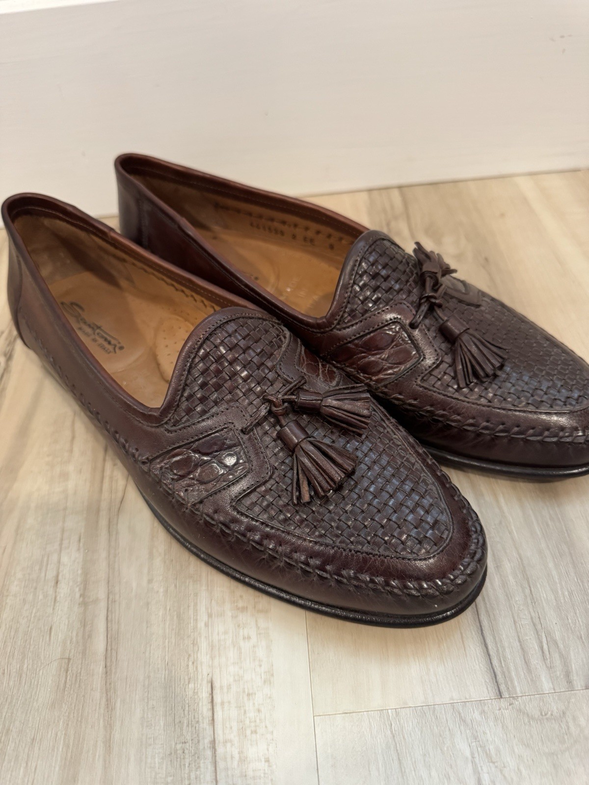 Santoni Men’s Leather Brown Loafers Tassels Made In Italy Size 9