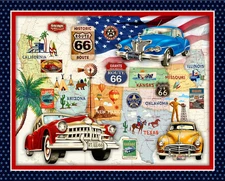 Multi Route 66 Fabrcbic Panel Vintage Autos- 36" Repeat 36 x 44 Michael Miller