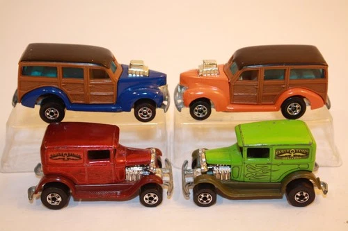 Four (4) Vintage 1970's Hot Wheels Cars WOODY WAGON / A-OK FORD TRUCKS