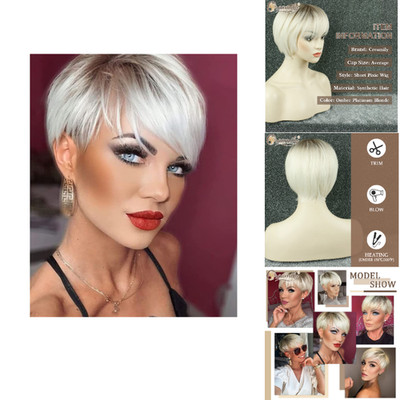 Kurze Perücke Pixie Cut Ombré Platinblond Kunsthaar Damen