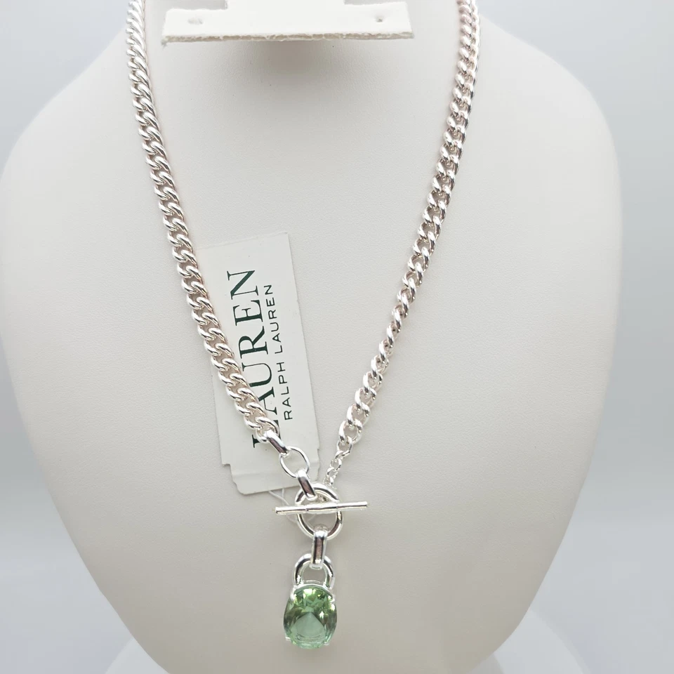 ¡Nuevo! Collar de palanca Ralph Lauren piedra verde placa de plata cadena de 16" con etiquetas Foto 4 de 4