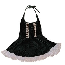 Coquette Halloween Green Velvet Halter Mini Dress White Lace Party S cosplay