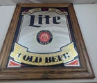Vintage 1980 Miller Lite Cold Beer Wood Frame Mirror Bar Pub Sign Glass 22”x 29”