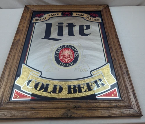 Vintage 1980 Miller Lite Cold Beer Wood Frame Mirror Bar Pub Sign Glass 22”x 29”