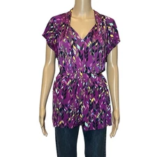 ATTENTION Women Top XL Purple Geometric Short Sleeve Y2K Belted Colorful Casual
