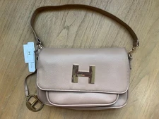 NWT H Halston Pebbled Tan Flap Gold Hardware Handbag