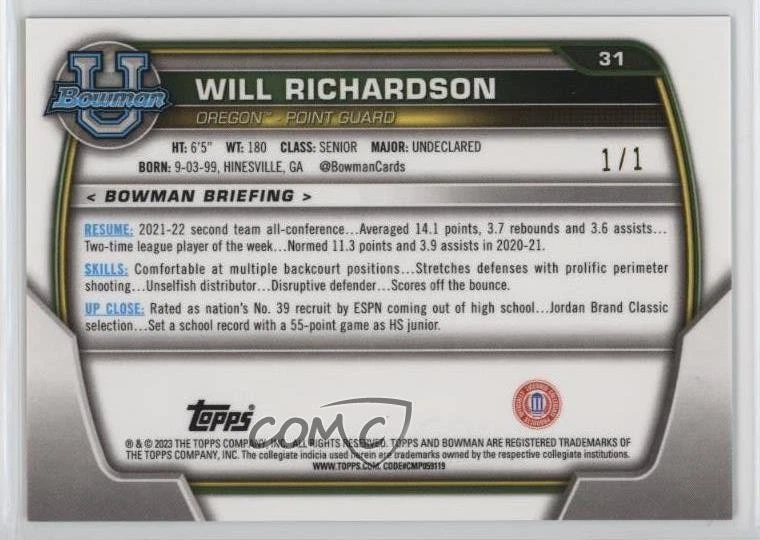 2022-23 Bowman U Chrome Black Shimmer Refractor 1/1 Will Richardson #31 zf3 - Image 2 of 3