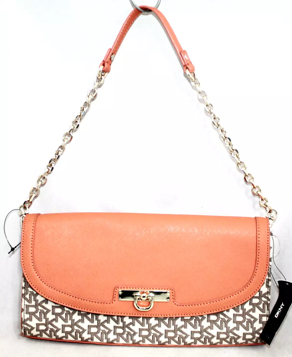 New DKNY Signature Chain Clutch Shoulder Bag Chino Fabric Orange Lthr  742315301