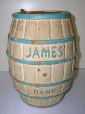 JAMES CANDY 1940 SALT WATER TAFFY BARREL BANK VNTG PAPER MACHE 7” ATLANTIC CITY
