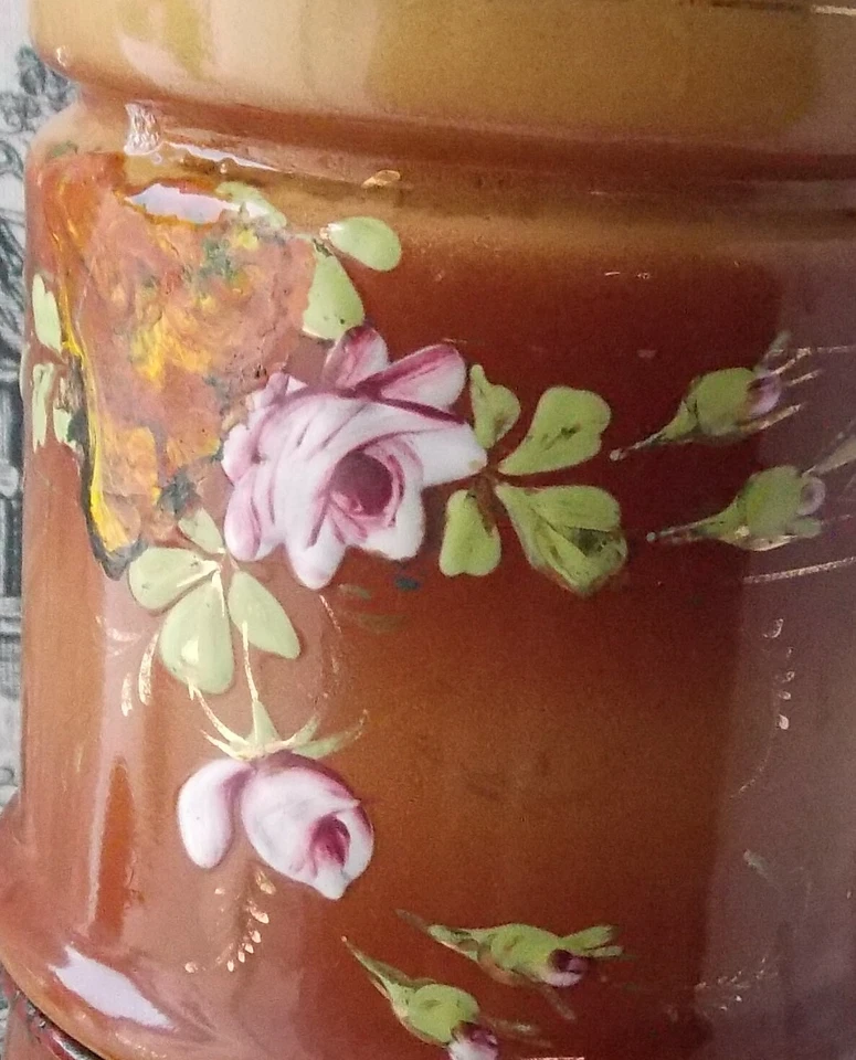 ANCIENNE CAFETIERE EMAILLEE DOUBLE MARRON A FLEURS ROSES shabby - Photo 3/4