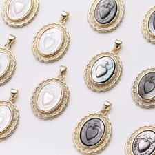 1pcs Oval Shell Cross Pendant, CZ Pave Oval Lace Heart Charm, Mop Shell Pendants