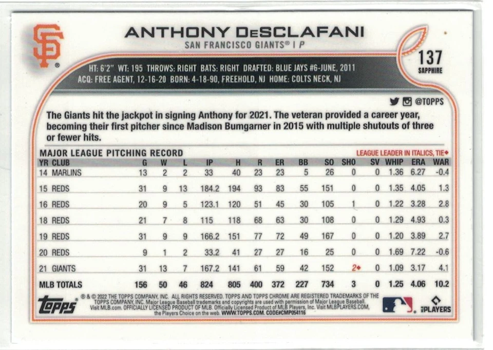 2022 Topps Chrome Sapphire Edition Anthony DeSclafani San Francisco Giants #137 - Image 2 of 2