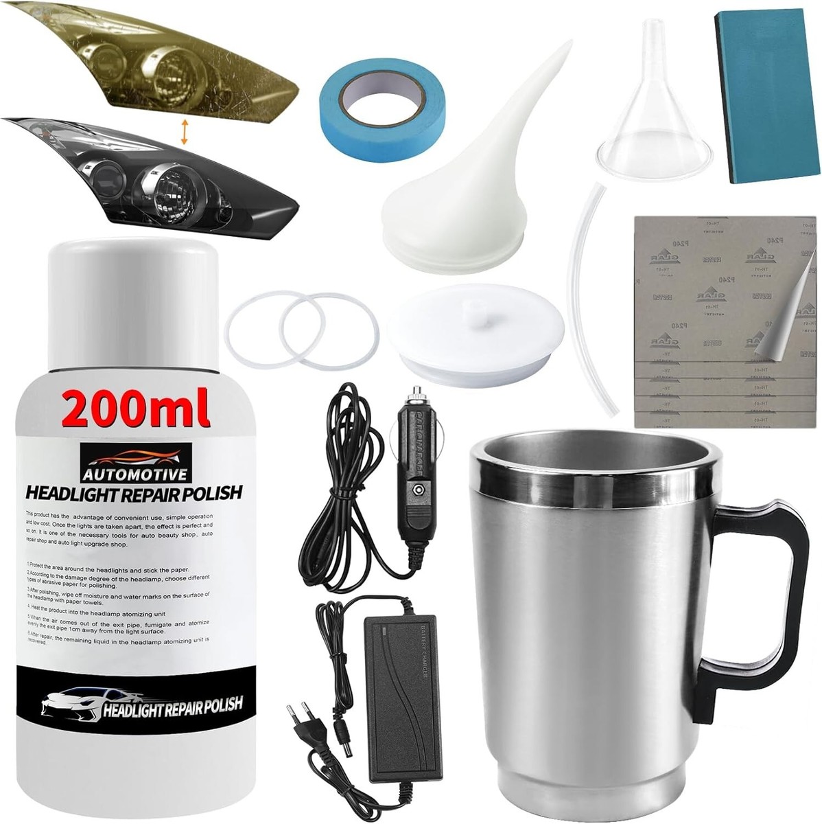 Kit Riparazione Fari Auto Rinnova – Rimuove Graffi, Ingiallimento, Ossidazione E Sfocatura, Con Liquido, Carta Vetrata E Accessori Per Moto E Auto