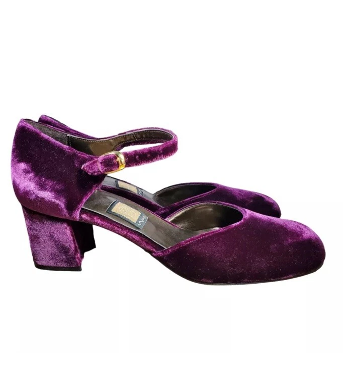 Zapatos de tacón grueso de terciopelo púrpura de colección Y2K años 90 punta redonda Mary Janes 8,5 Foto 2 de 4