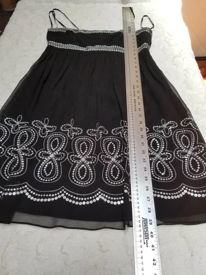 Maggy London Womens Silk Black Silver Sequin Dress Spaghetti Strap Lined Size 10 - Image 4 of 4