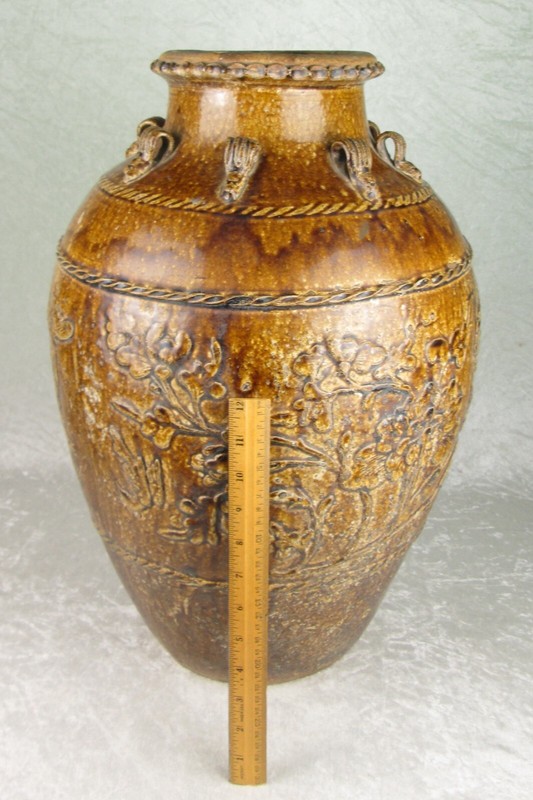 Chinese Martaban Jar Brown Tan Glaze Flowers Antique 21-1/2 inch Tall 13in Dia
