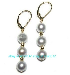 Authentic 8/10mm Round Gray South Sea Shell Pearl Gold Plated Leverback Dangle Earrings