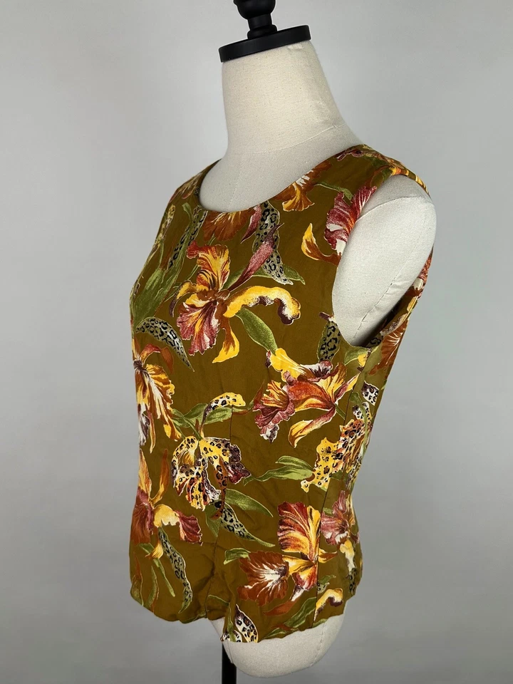 Blusa Tanque Vintage Años 90 S Marrón Tostado Rayón Tropical Floral Leopardo Hawaiano Boho  Foto 4 de 4