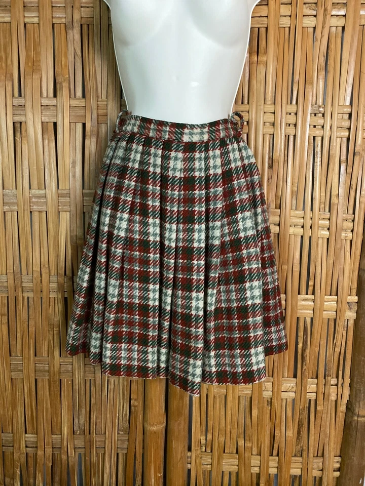 Falda corta plisada a cuadros mezcla de lana hecha a mano años 60 niño junior mujer pequeña XS/S Foto 2 de 4