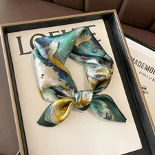 100% Silk 20" Small Scarf Women Retro Neckerchief Wrap Green Flower Oil Painting