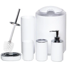 Bathroom Accessories Set 6Piece Bath Ensemble Decorative Countertop White Thread