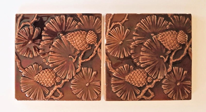 ANTIQUE MINTON STOKE ON TRENT, IRIDESCENT ART NOUVEAU CLAY TILES * SET OF 2