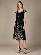 NWOT Johnny Was Biya Floral Mesh Embroidered Midi Dress Boho Size S Black
