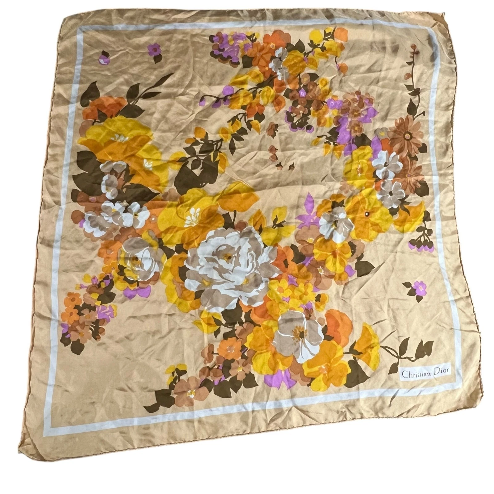 Foulard carré floral Christian Dior, jaune et marron, tissu de haute qualité