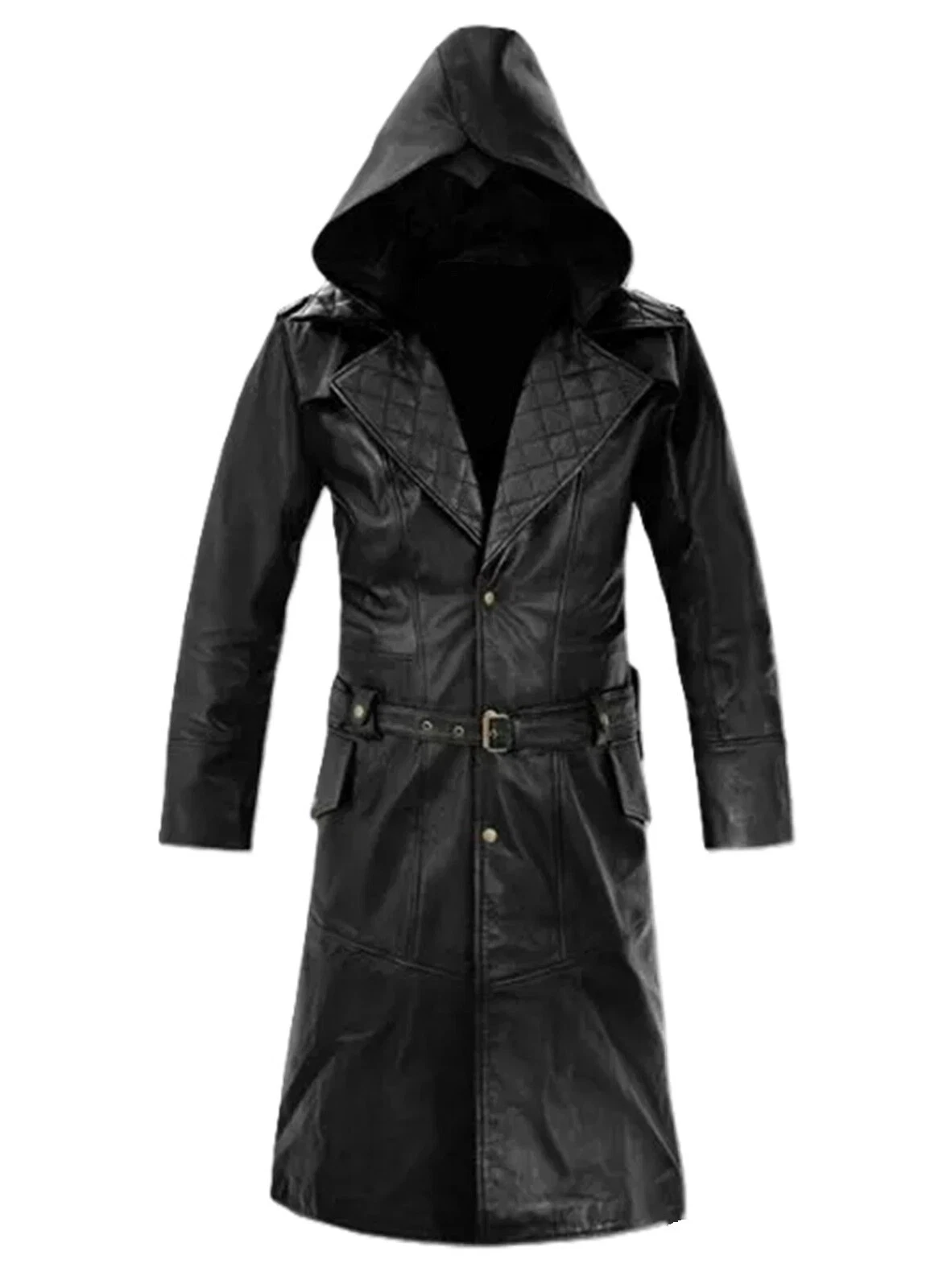Mens Black Lambskin Leather Hooded Trench Coat Full Length Duster Overcoat Wears image 2