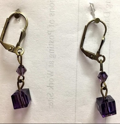 Purple Crystal Cube Earrings 10 MM Ctystal Cube Dangle Drops With Leverbacks