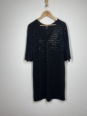 Clara Sun Woo Black Sequin Shift Dress Medium 3/4 Ruffled Sleeve