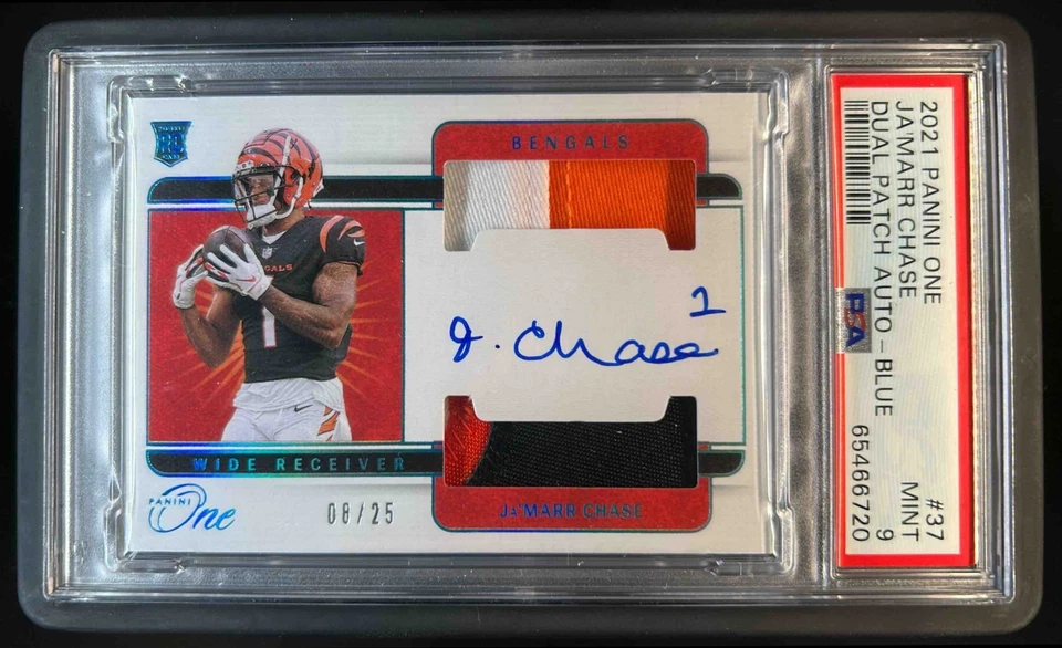 2021 Panini One Ja'Marr Chase Dual Patch Blue Rookie RC Auto #8/25 Bengals PSA 9