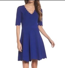 Eliza J Cobalt Blue Scalloped Hem Fit & Flare Knitted Sweater Dress Sz Large 
