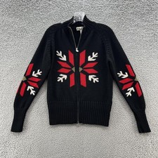 VTG Neve Sweater Womens Large Black Wool Snowflake Retro Ski Fair Isle Zip Up