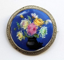 XXL Vintage Brosche Silber 800 Porzellan Blumen