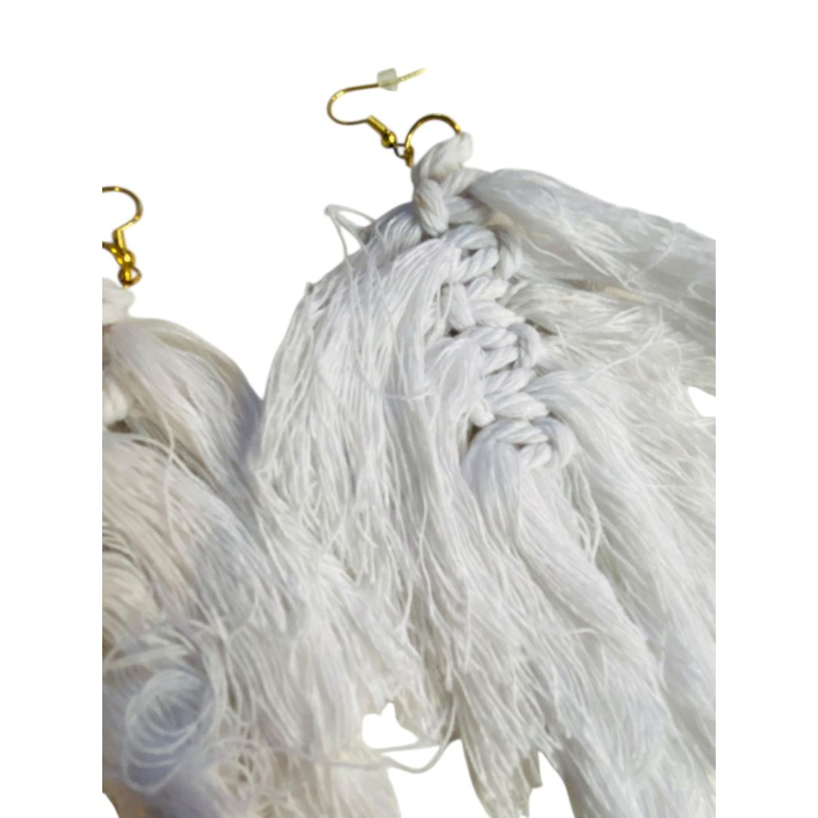 White Statement Fishhook Pierced Earrings Macrame… - image 5