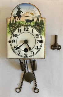 1920s Miniature Pendulette Wall Clock W/ Enameled Boy & Goat Scene Wintermantel