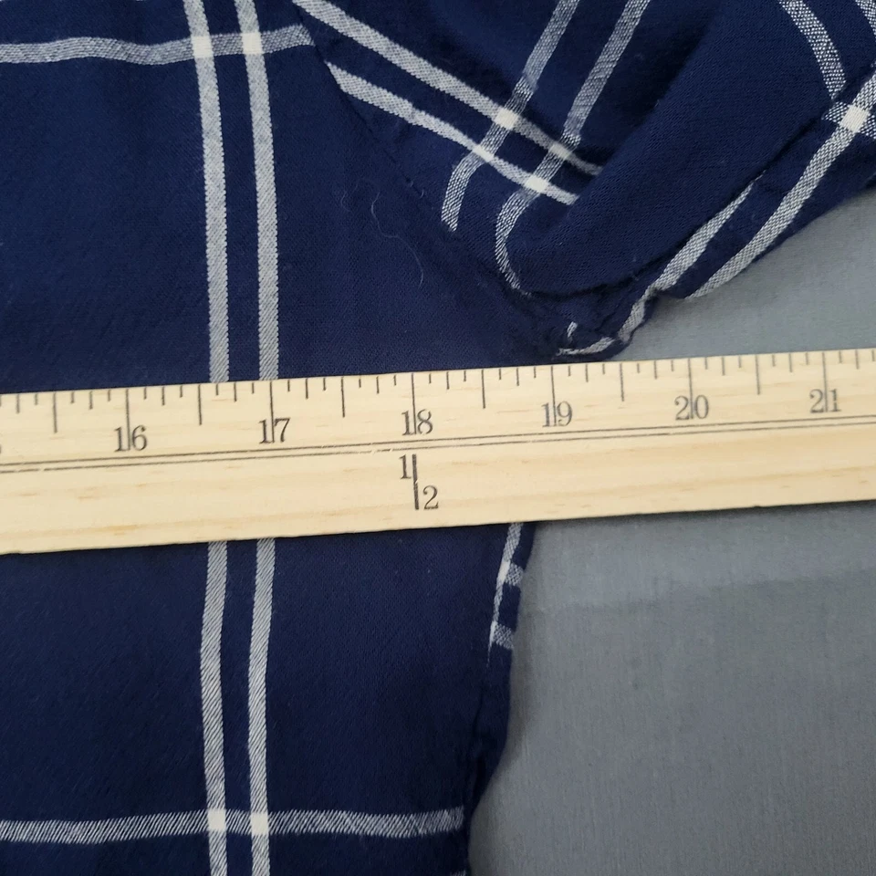 Nine West Blouse Womens Large L Long Roll Tab Sleeve Tunic Button Check Blue - Image 3 of 4