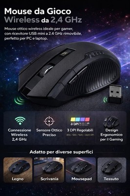Kabellose Gaming Maus 2,4 GHz mit optischem Sensor und einstellbarer DPI - Ergonomisch