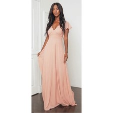 Lulus Madalyn Blush Pink Flutter Sleeve Lace-Up Maxi Dress Gown Bridesmaid