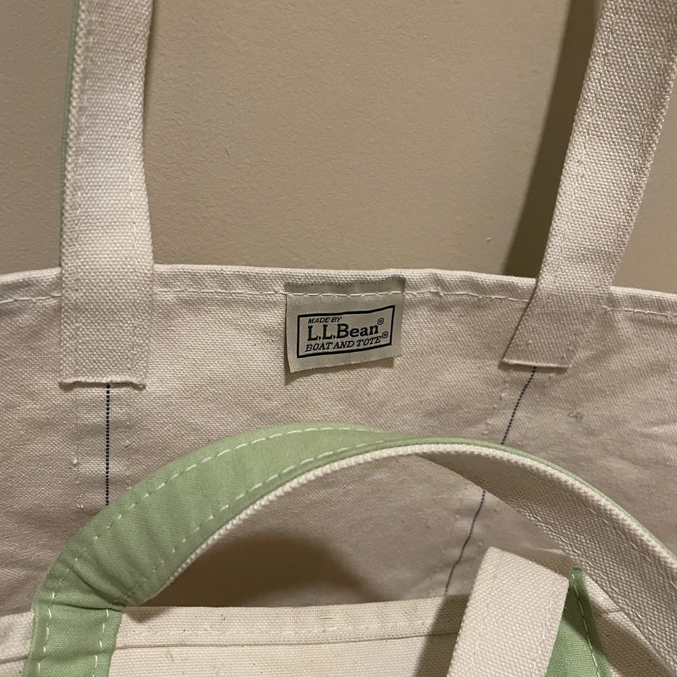 Bolso de Mano LL Bean XL De Colección Mango Largo Blanco/Verde Claro Años 80 Rígido Grueso Foto 4 de 4