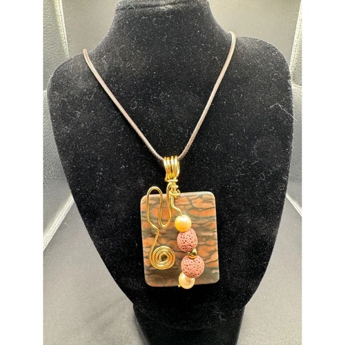 VETEMENTS Collana Vintage Picasso Diaspro Rettangolare Rame Cauzione Perline Ciondolo Cordoncino Pelle