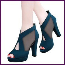Summer Women High Heel Shoes Mesh Breathable Zip Pointed Toe Thick Heels
